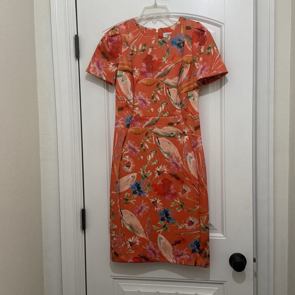 Calvin Klein Orange Floral Short Sleeve Sheath Midi Dress Womens Size 6 EUC